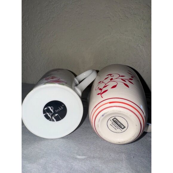 Set Of 2 Ceramic Mugs With Floral & Vine Patterns Red & Multicolor 12 Oz & 16 Oz - Picture 7 of 11